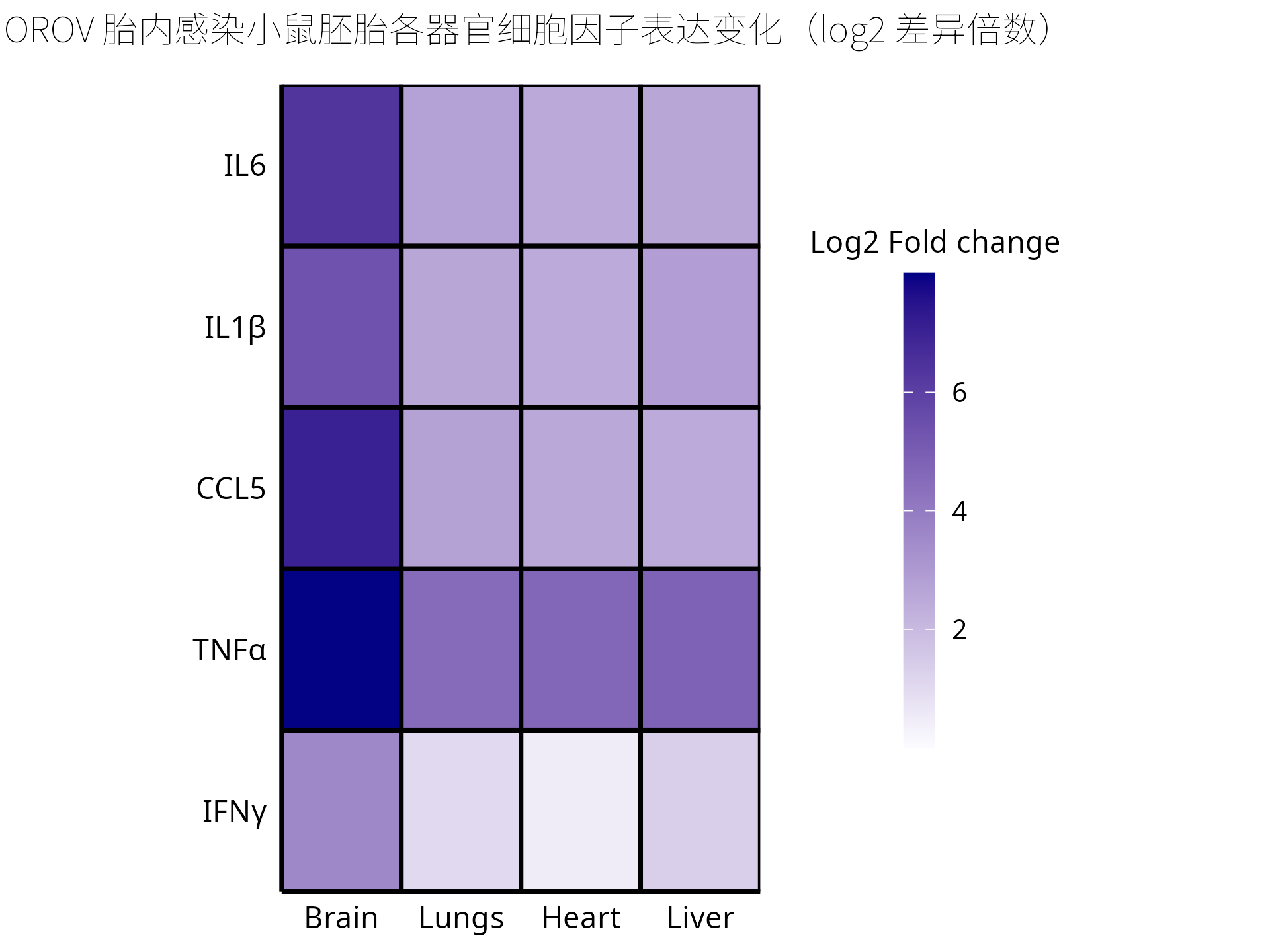 R 基于156个真实数据点重绘的 OROV 细胞因子 log2 差异倍数热图