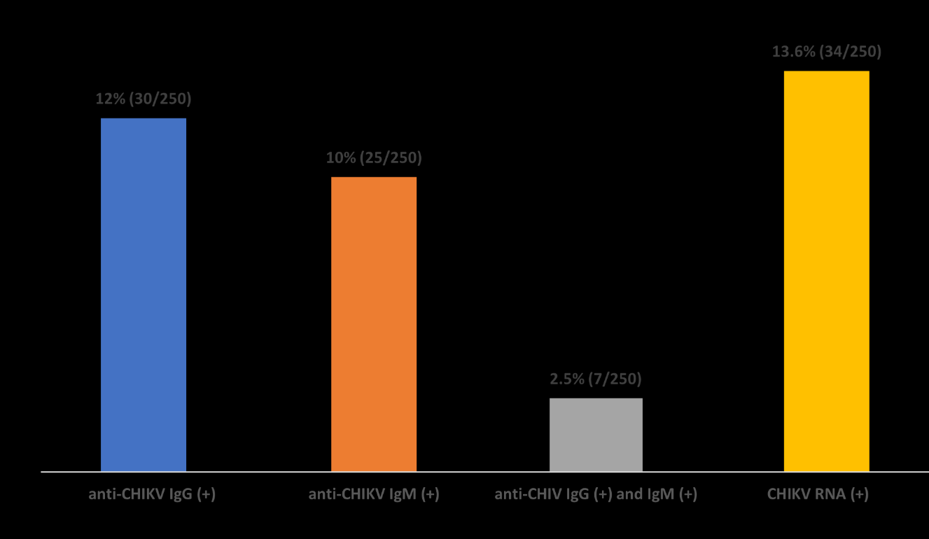250 例关节痛患者 anti-CHIKV IgG、IgM 与 RNA 阳性率柱状图，论文原图